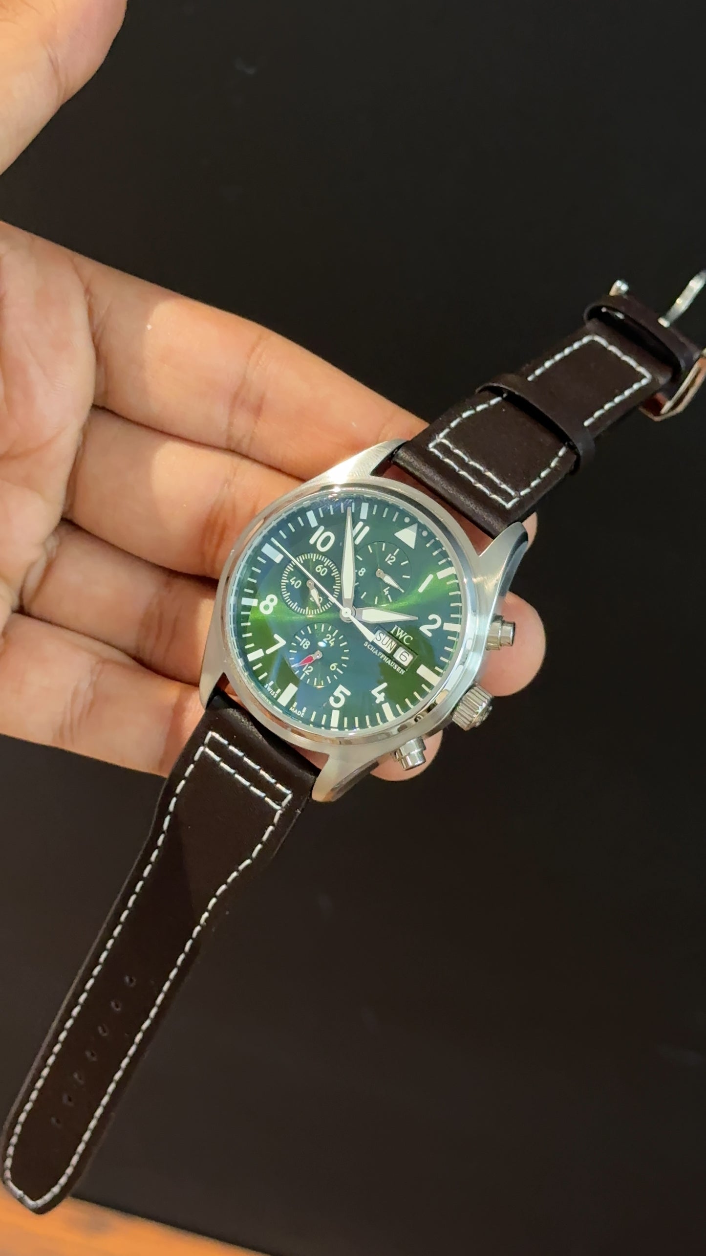IWC | Brown Leather Strap | Silver Case | Chrono | Greenish Dial