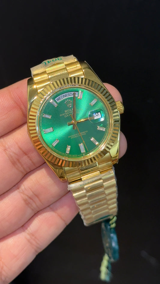 DayDate | Gold Chain | Pearl Digit | Green Dial