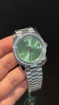 DayDate | Diamond Bezel | Silver Chain | Green Index Dial