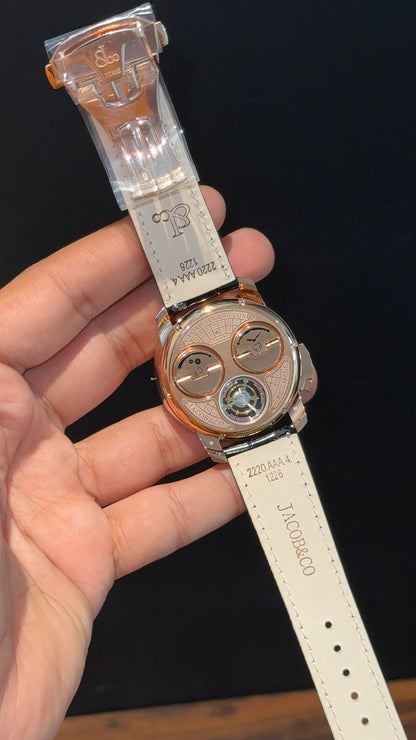 Executive Jacob And Co | Rose Case | Casino Tourbillon Edition | Black Leather Strap | White Diamond Dial - twentyfour