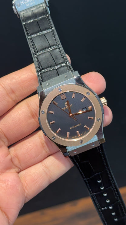 Hublot Auto | Rose Silver  Case | Black Leather Strap | Black Dial