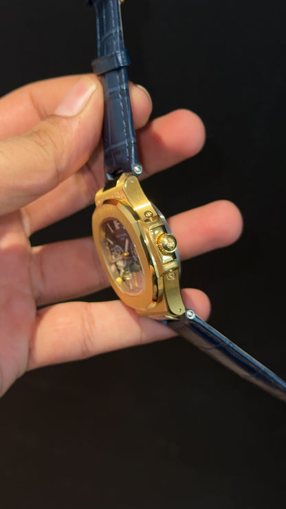 Pp Auto | Moonphase | Chrono | Gold Case | Blue Leather Strap | Blue Dial