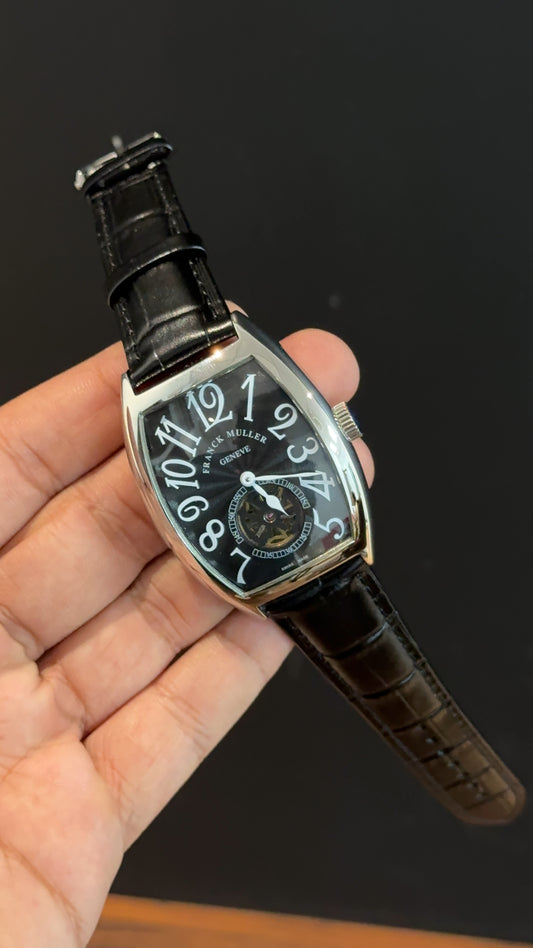 Franck muller | Silver | Black Leather Strap | Pendulum| Black Dial