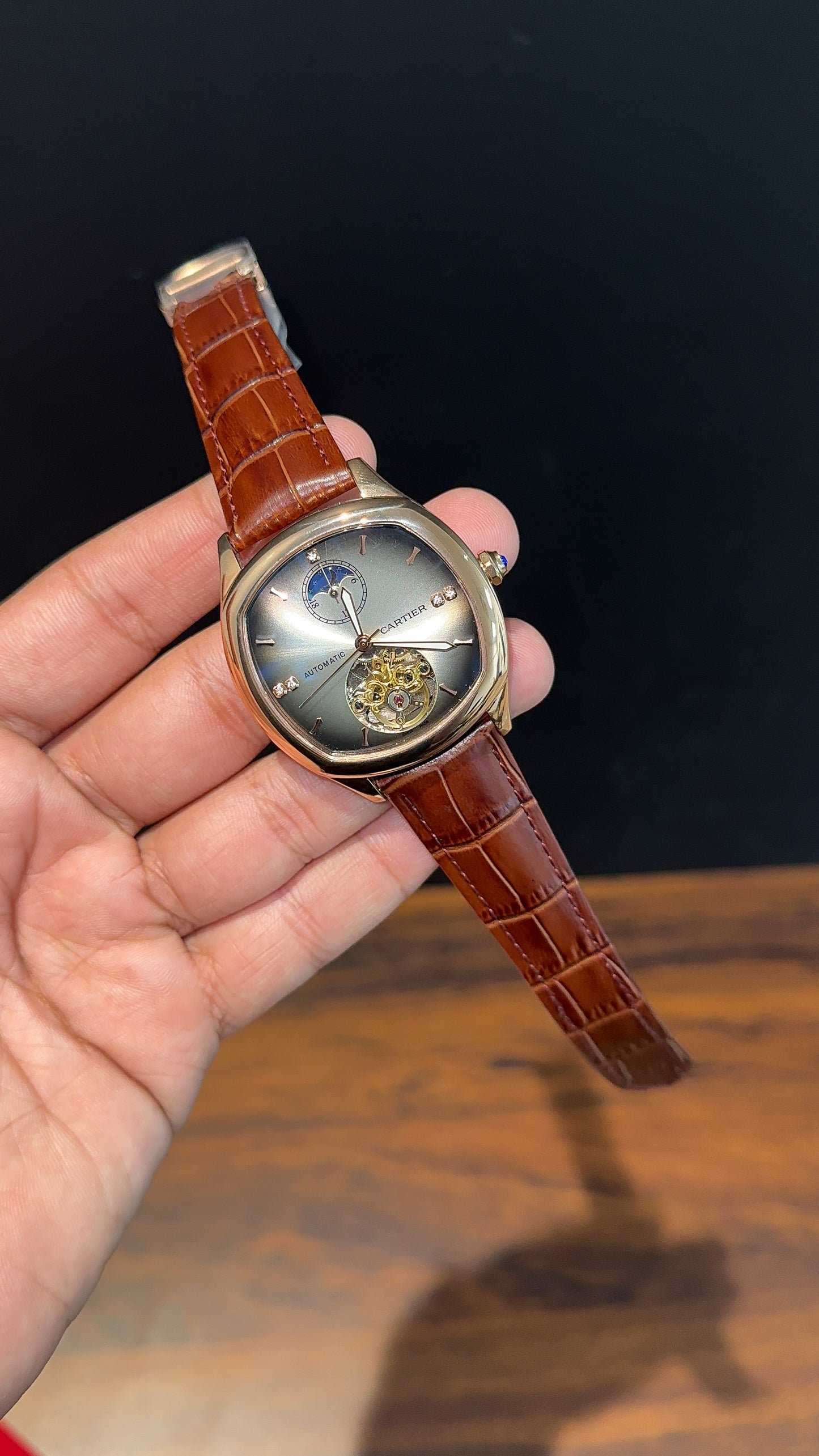 Cartier | Rose Square Bezel | Pendulum | Moonphase | Brown Strap | Shady White Blue Dial