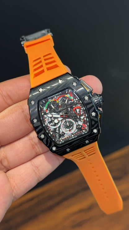 Premium Richard Mille | RM 50-03 Mclaren F1 Series | Black Case | Tourbillion | Chrono | Orange Strap | Black Dial