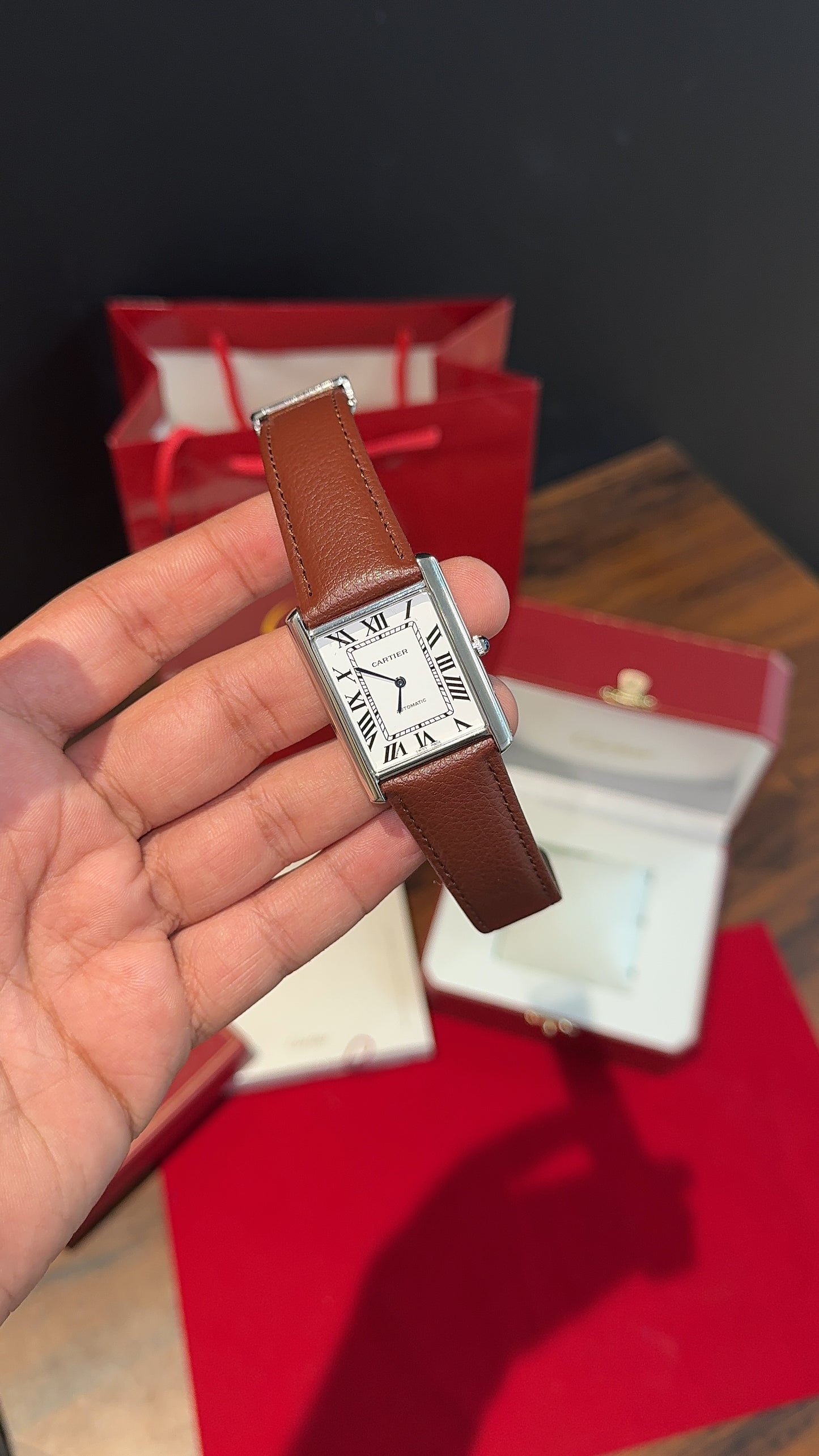 Cartier tank | Silver Case | Brown Strap | White Dial