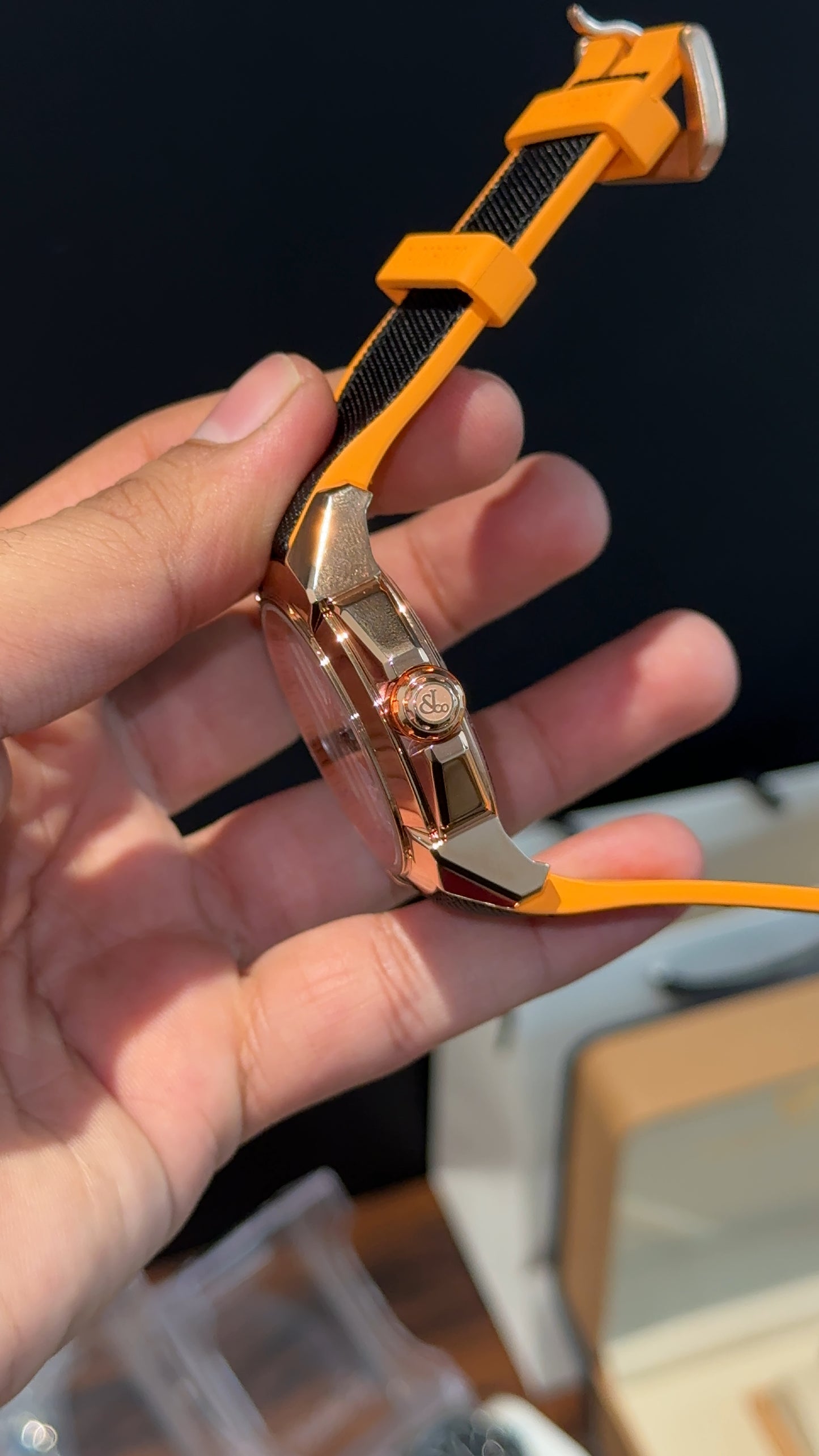 Executive Jacob and Co | Rose Bezel | Black Strap With Orange Accent | Mens Mechanical Epic | Black Dial