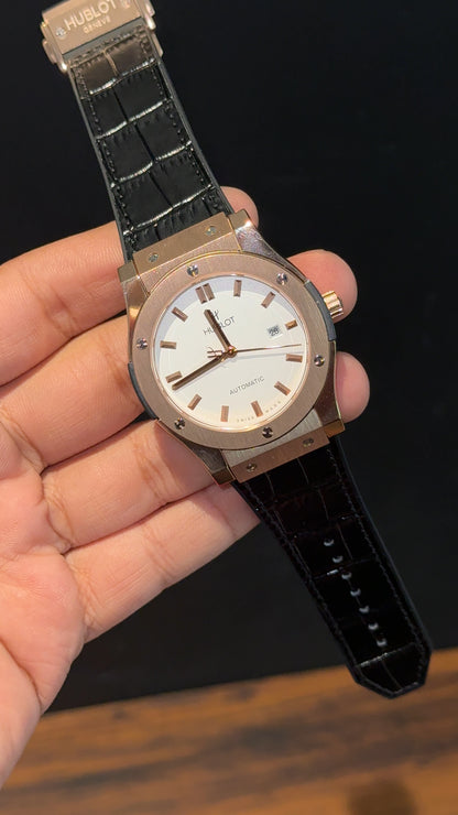 Hublot Auto | Rose Case | Black Strap | White Dial