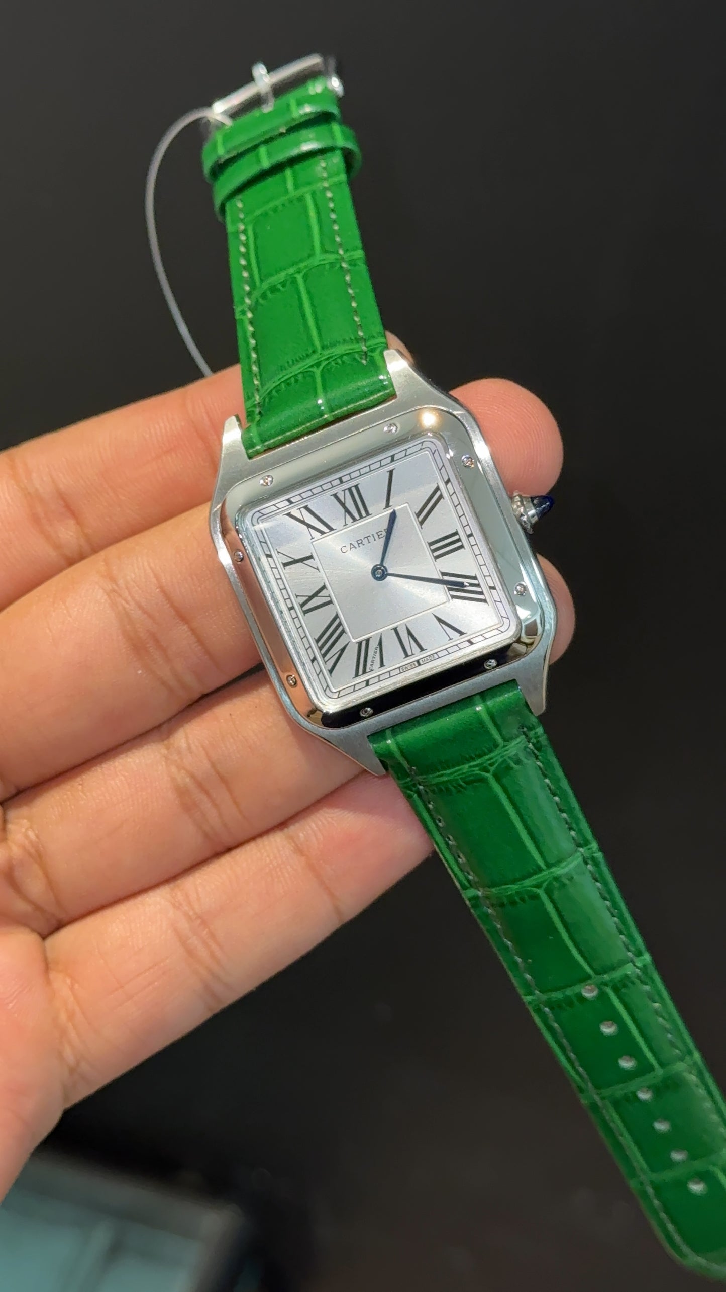 Cartier Santos | Silver Case | Green Dumont Strap | White Dial (Copy)