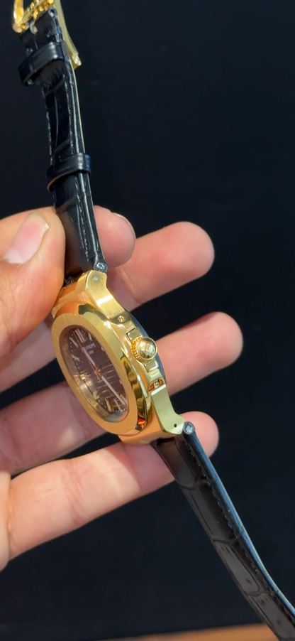 Pp Auto | Black Leather Strap | Gold Case | Black Dial
