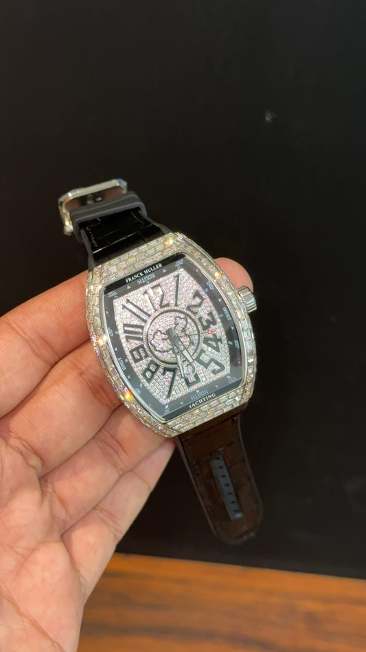 Premium Franck muller Silver | Black Leather Strap | Mother Of Pearl | Black Digit Dial - twentyfour