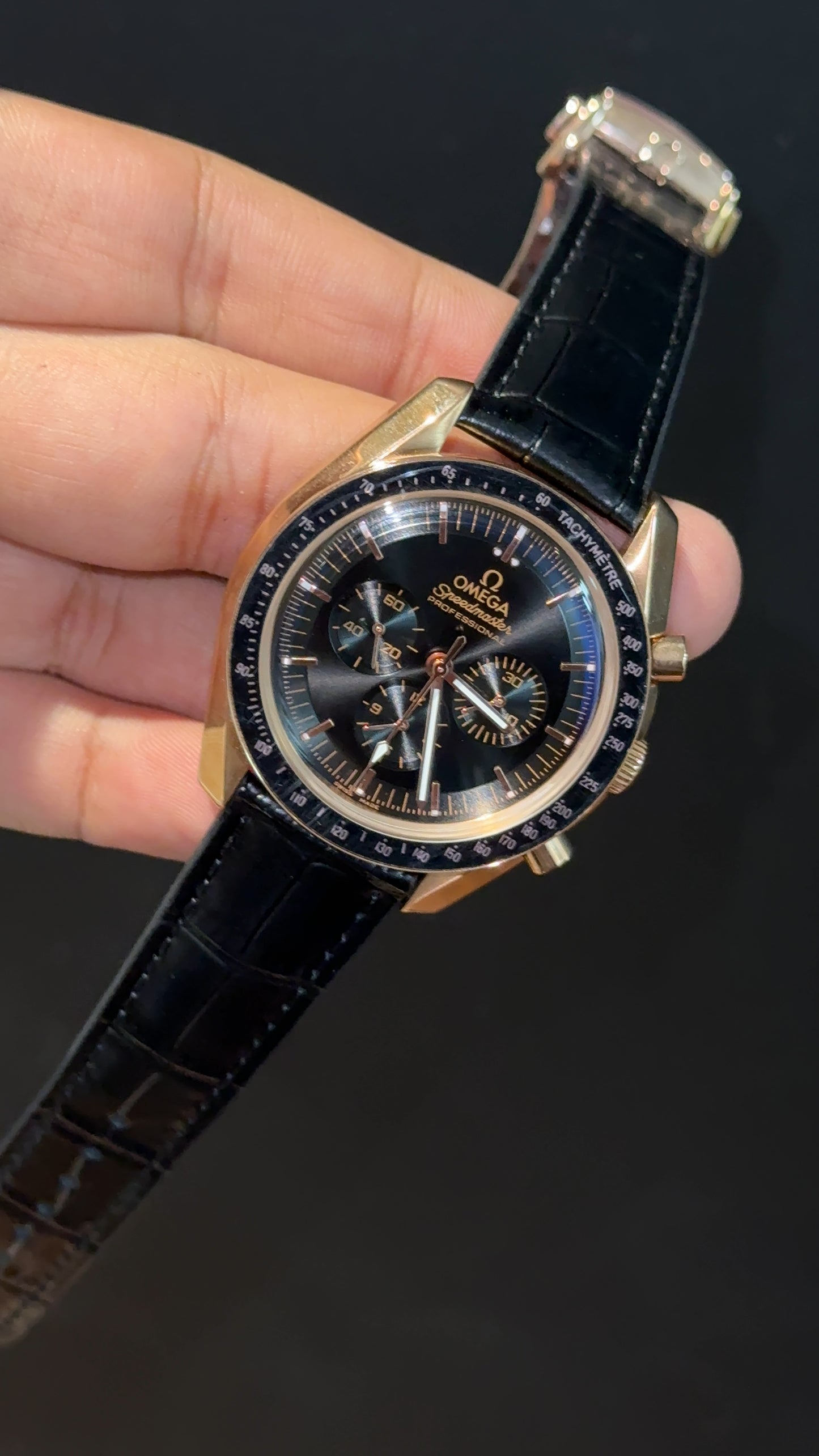 Omega Speedmaster | Rose Black Bezel | Black Strap | Chrono | Black Dial