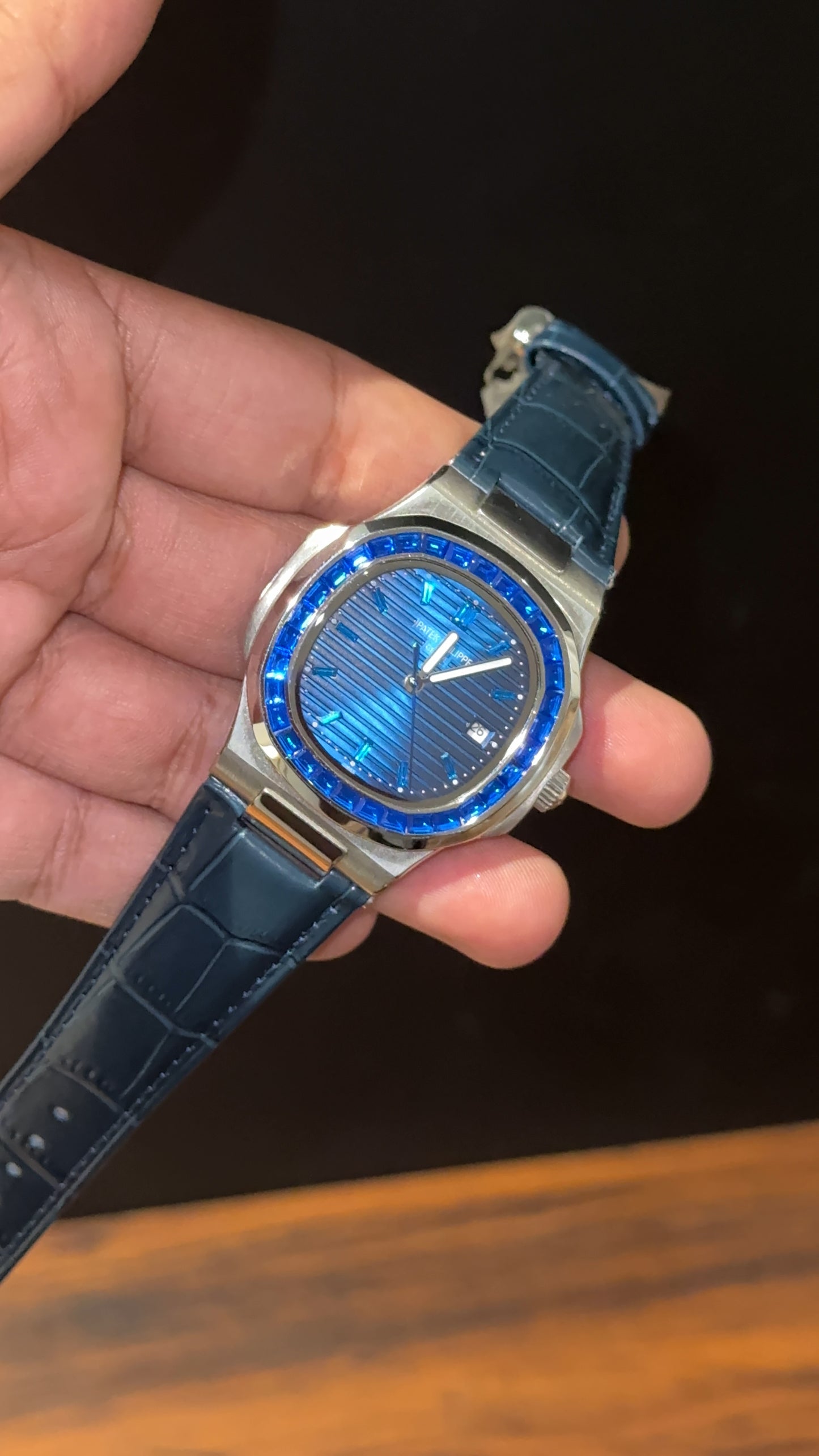 Pp Silver | Auto | Blue Diamond Bezel | Blue Leather Strap | Blue Digits | Blue Dial