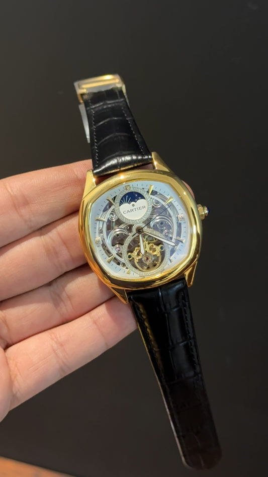 Cartier | Gold | Skeleton | Oval Shape Case | Moonphase | Black Leather Strap | White Dial