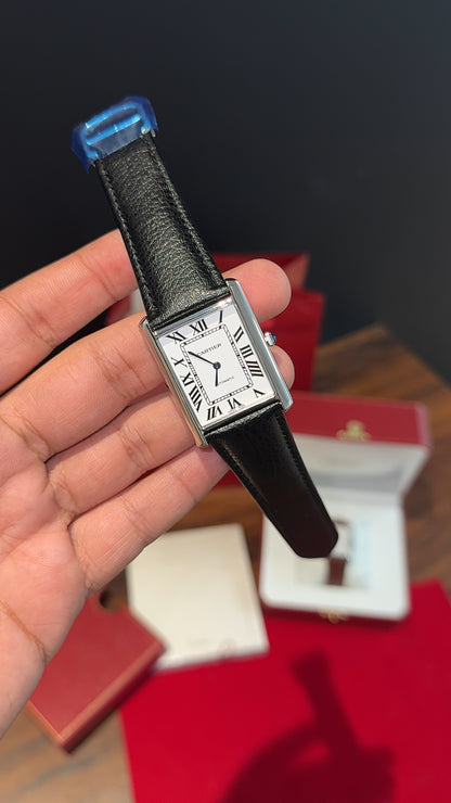 Cartier tank | Silver Case | Black Strap | White Dial