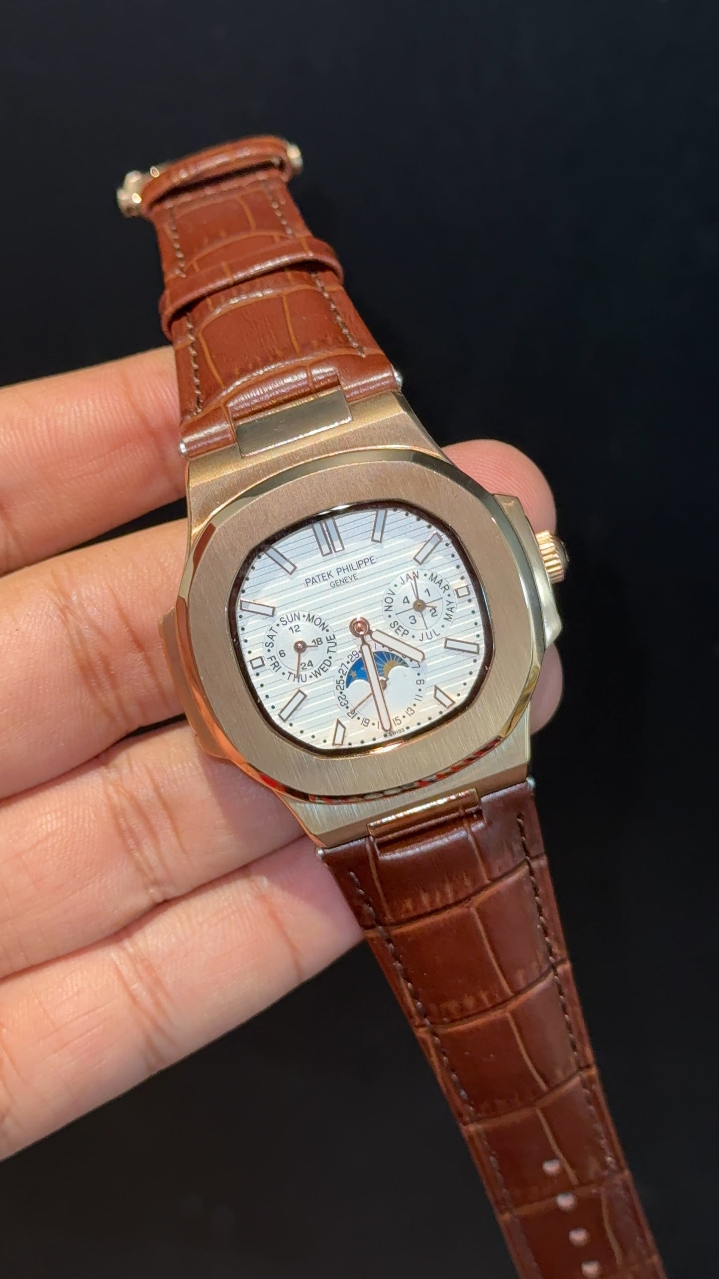 Pp Auto | Moonphase | Chrono | Rose Case | Brown Leather Strap | White Dial