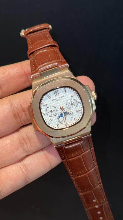 Pp Auto | Moonphase | Chrono | Rose Case | Brown Leather Strap | White Dial