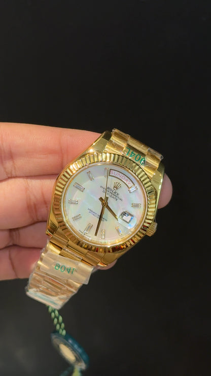 DayDate | Gold Chain | Pearl Digit | Shaddy Rainbow | White Dial