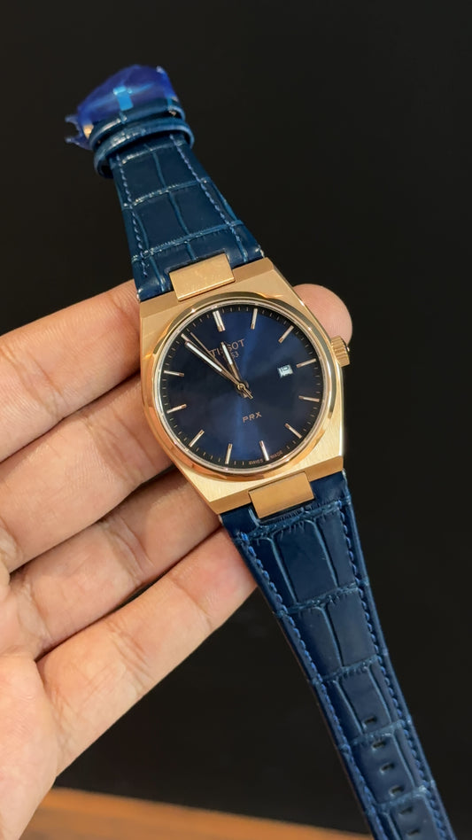 Tissot Prx | Rose Case | Blue Leather Strap | Blue Plain Dial