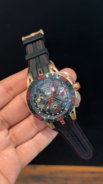 Premium Roger Dubuis | Rose | RD780 | Excalibur Spider | Black Strap | Pendulum | Black Dial