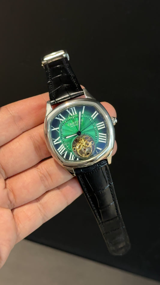 Cartier | Silver Square Bezel | Pendulum | Black  Strap | Greenish Index Dial
