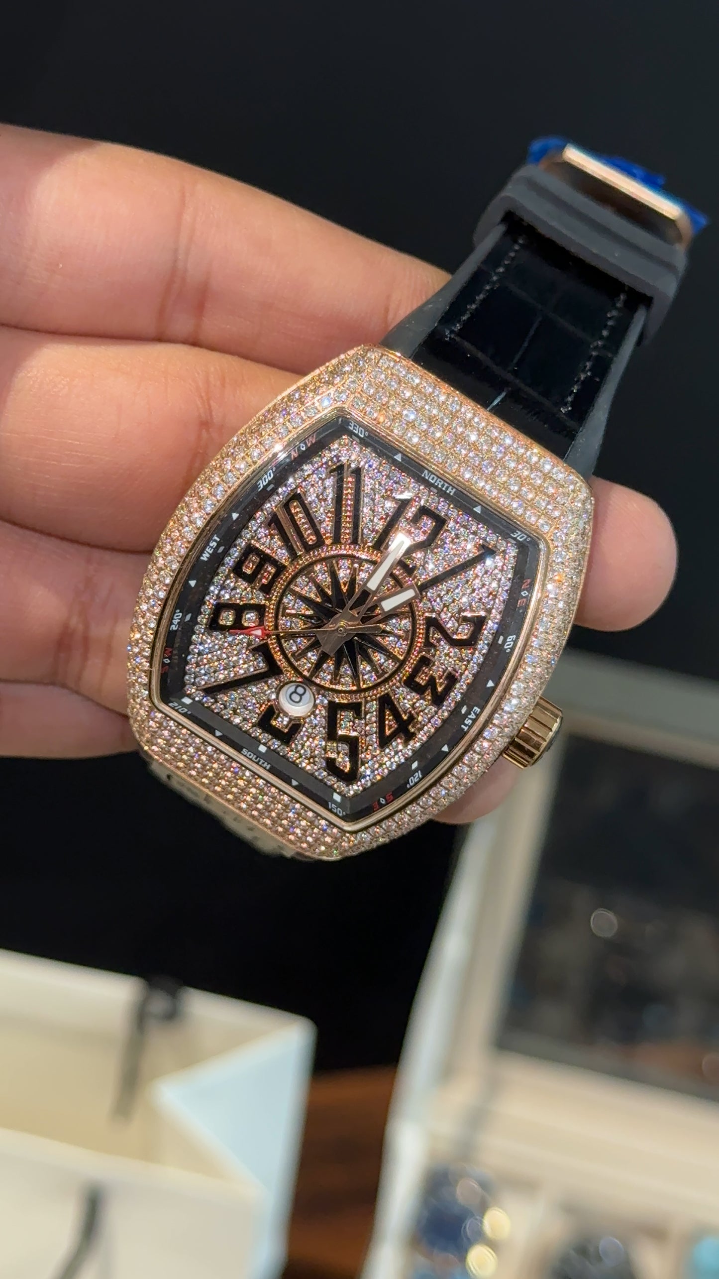 Premium Franck Muller | Vanguard  Edition | Rose Diamond Case | Black Leather Strap | Rose Pearl Dial