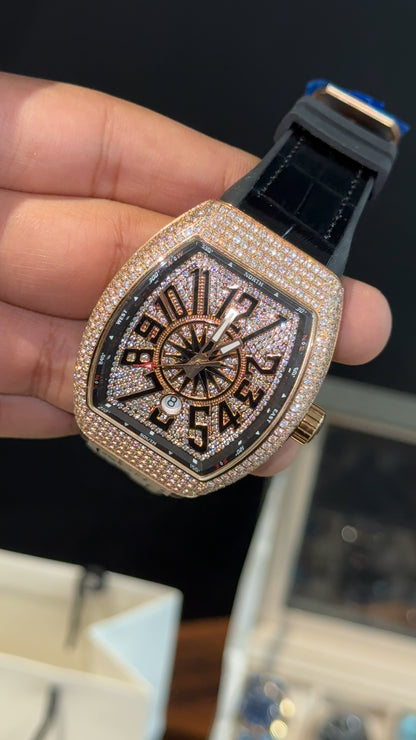 Premium Franck Muller | Vanguard  Edition | Rose Diamond Case | Black Leather Strap | Rose Pearl Dial