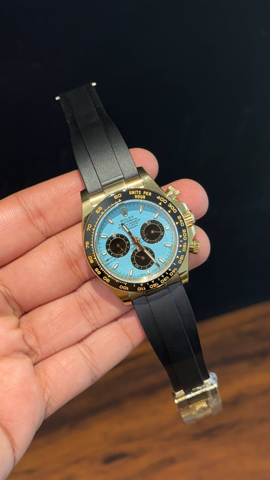 Premium Daytona | Gold | Black Pvc Strap | Black Chrono | Tiffany Dial
