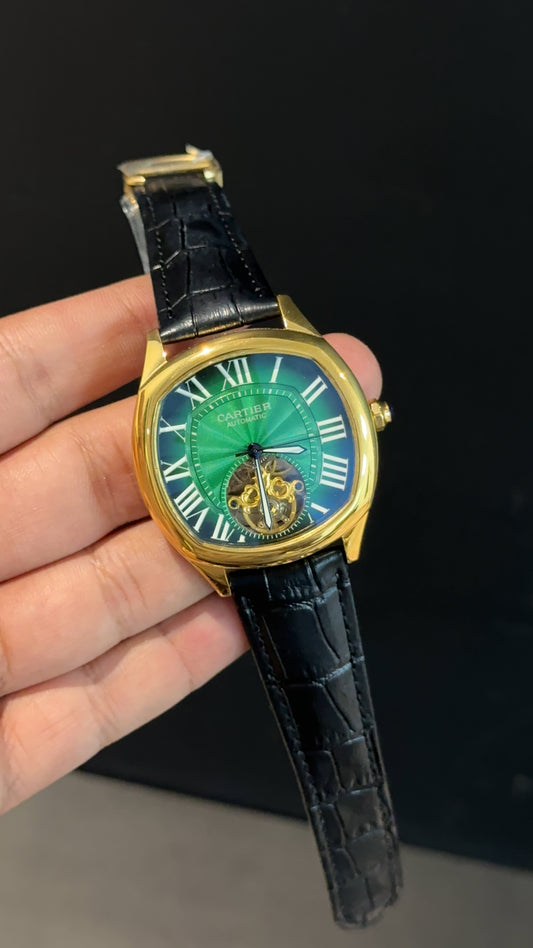 Cartier | Gold Square Bezel | Pendulum | Black Strap | Shady Green Blue Dial