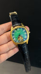 Cartier | Gold Square Bezel | Pendulum | Black Strap | Shady Green Blue Dial