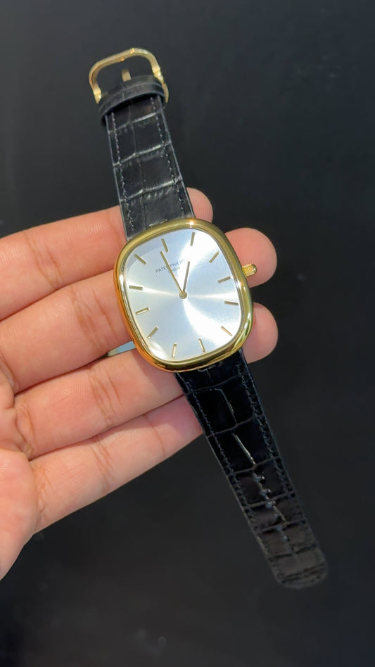 Pp Ellipse | Gold Case | Black Leather Strap | White Ebony Dial