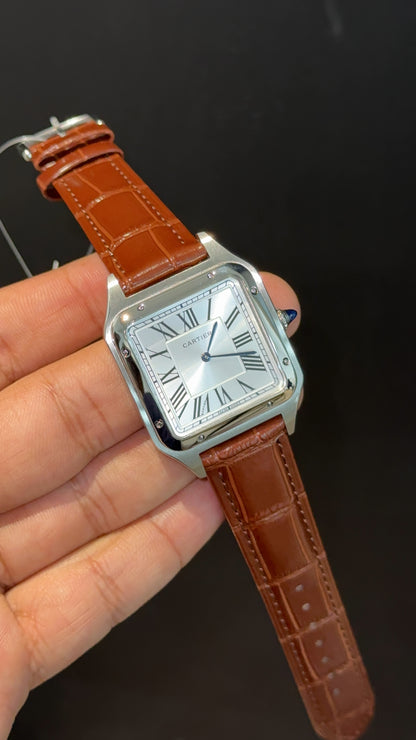 Cartier Santos | Silver Case | Brown Dumont Strap | White Dial