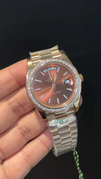 DayDate | Diamond Bezel | Rose Chain | Brown Dial