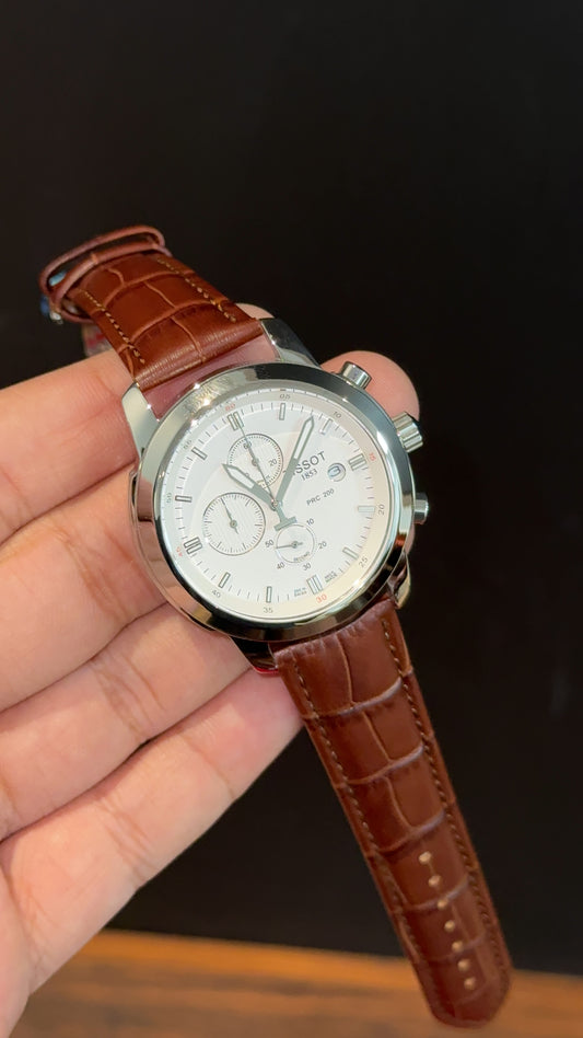 Tissot | Silver Bezel | Chrono | Brown Leather Strap | White Dial