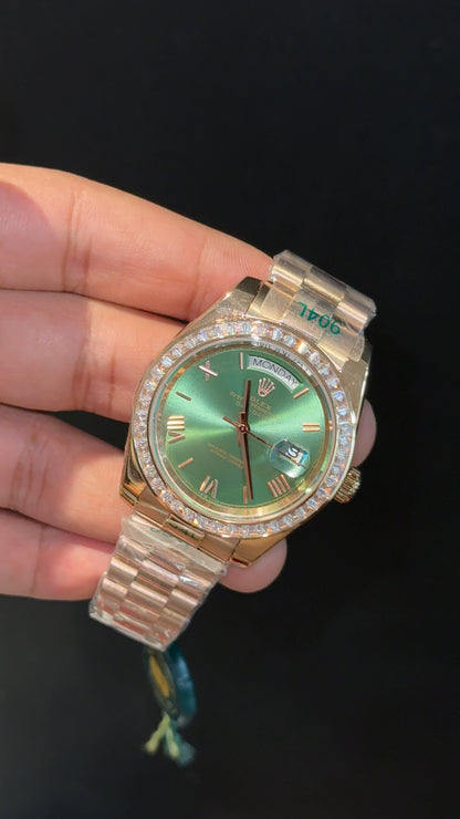 DayDate | Diamond Bezel | Rose Chain | Olive Green Dial