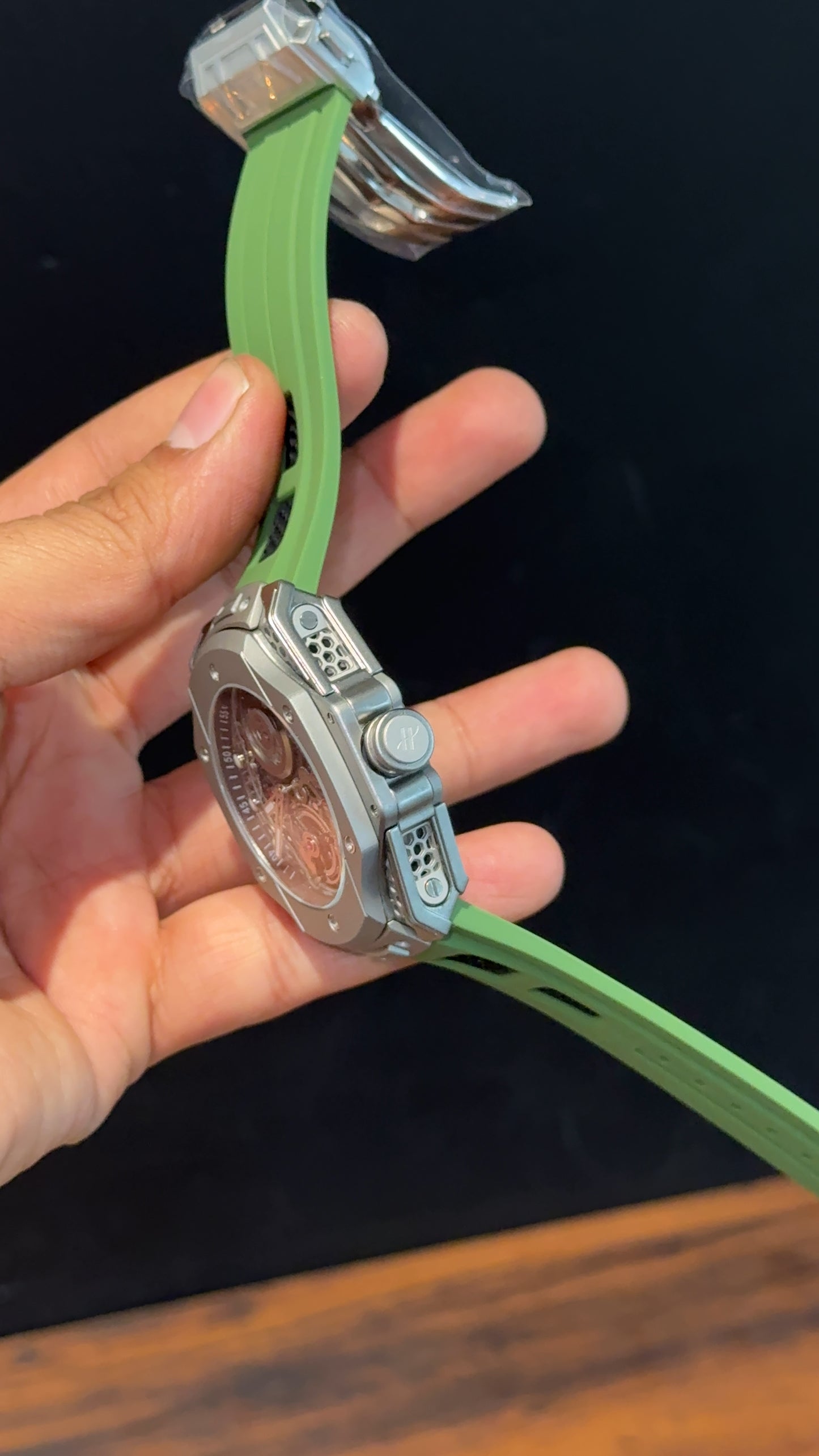 Premium Hublot | Big Bang Tourbillon Edition | Green Strap | Silver Skeletonized Dial
