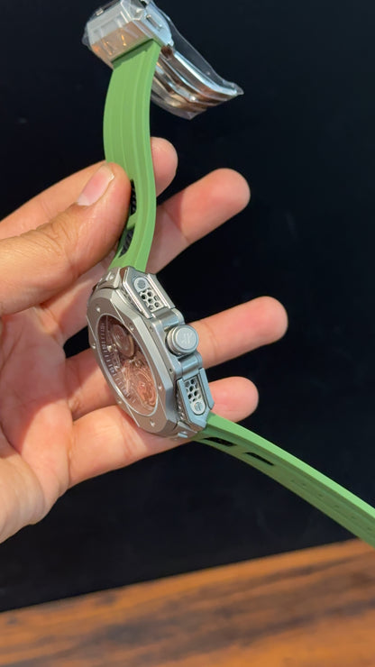 Premium Hublot | Big Bang Tourbillon Edition | Green Strap | Silver Skeletonized Dial