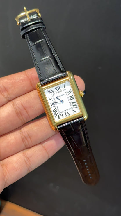 Cartier Tank | Gold | Black Leather Strap | White Crafted Dial