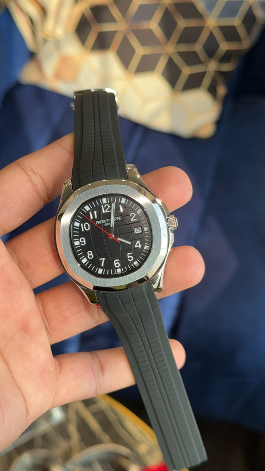 Aquanaut Silver |  Black Dial | Red Needle | Black Strap Auto