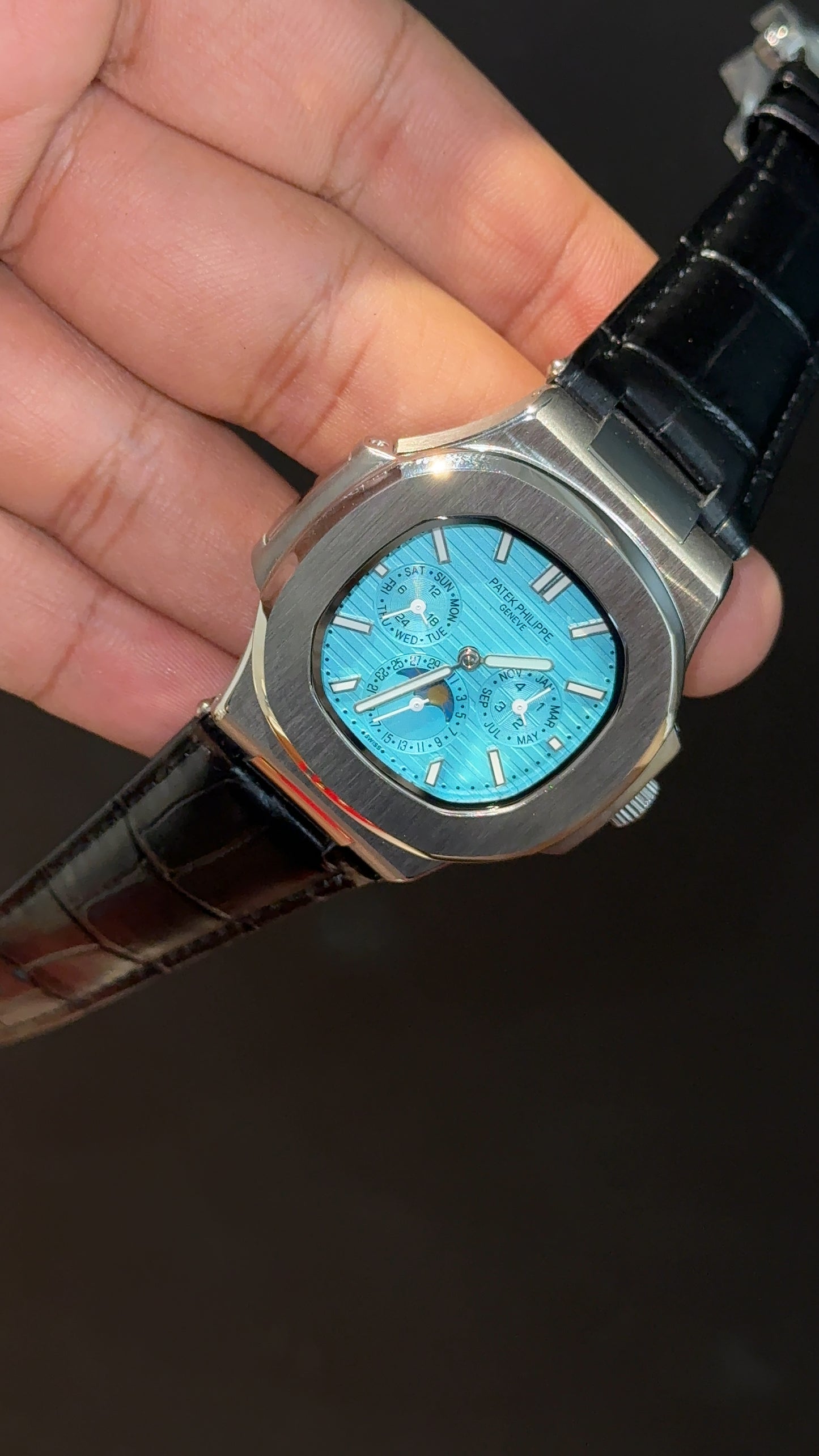 Pp Auto | Moonphase | Chrono | Silver Case | Black Leather Strap | Tiffany Dial