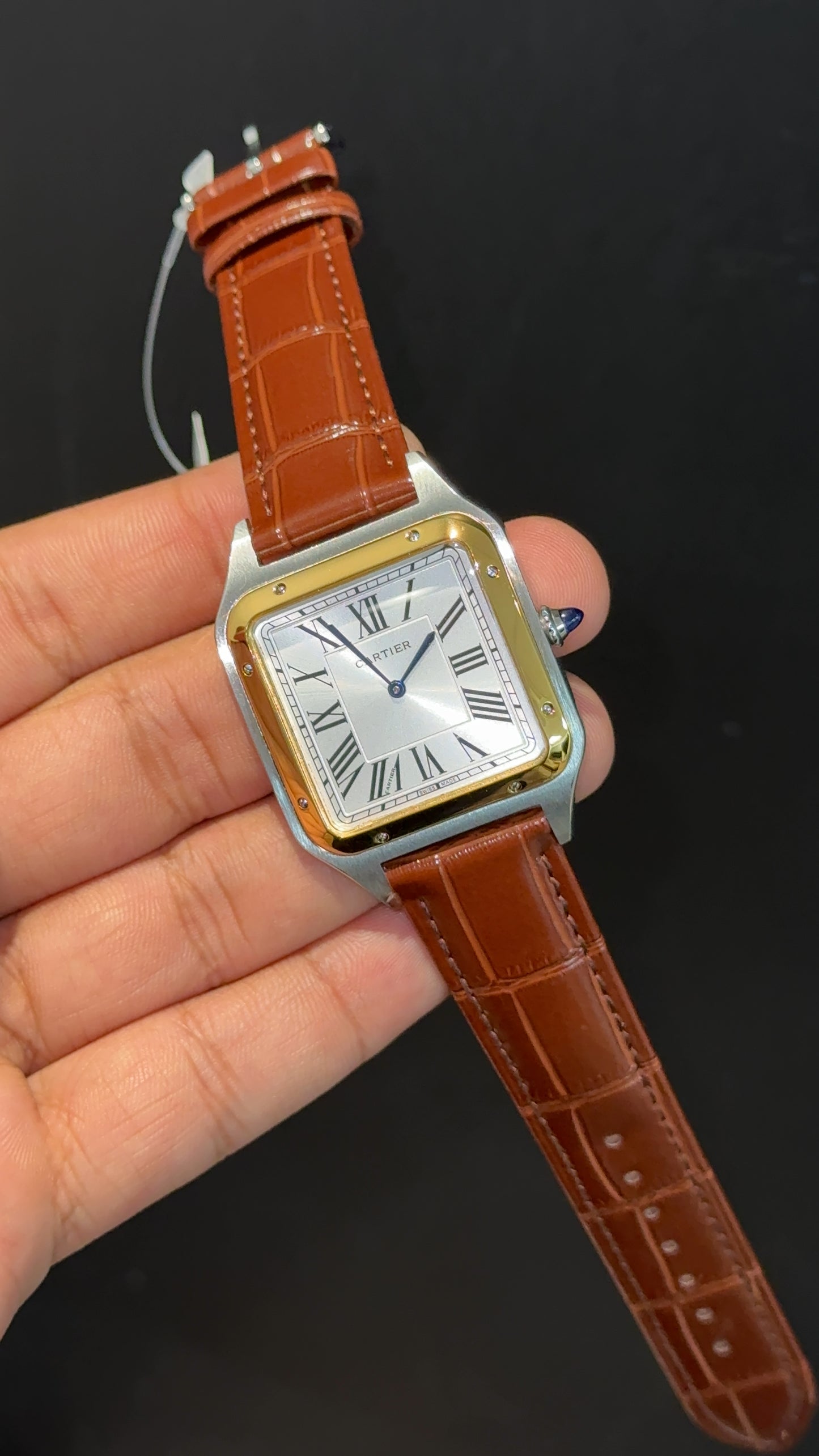Cartier Santos | Gold Two Tone Case | Brown Dumont Strap | White Dial