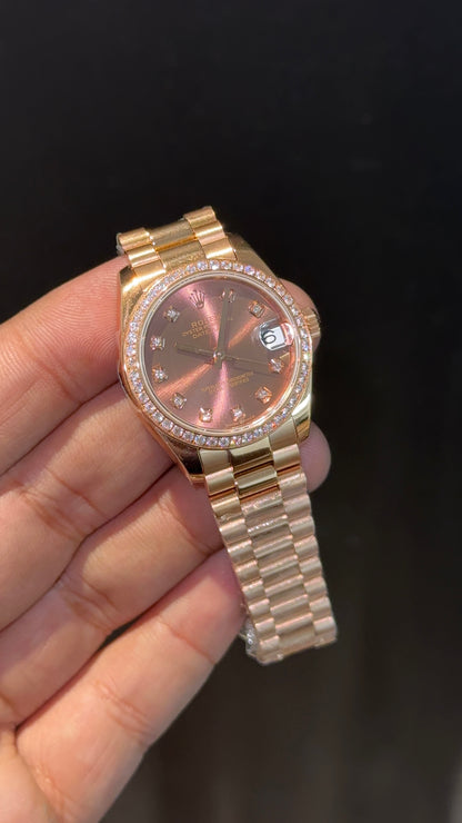 Premium DateJust | Eveline | Diamond Bezel | 30mm | Women | Rose President Chain | Brown Diamond Dial