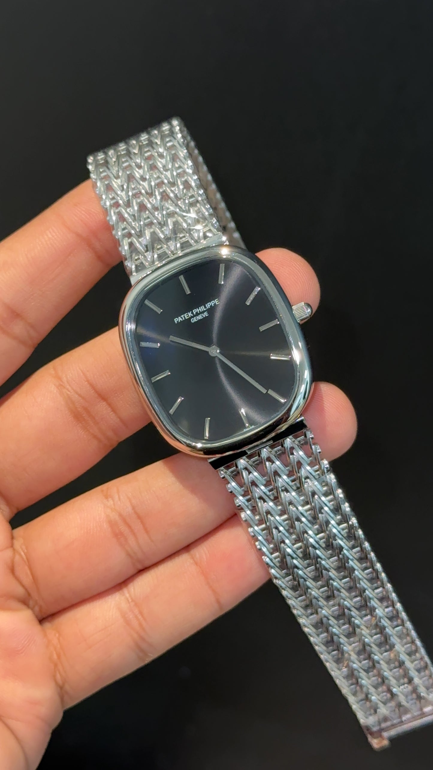Pp Ellipse | Silver Mesh Chain | Black Ebony Dial