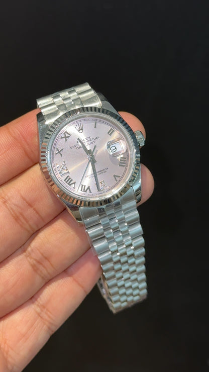 Premium Datejust | 36mm | Silver Chain | Silver Pinkish Roman Dial