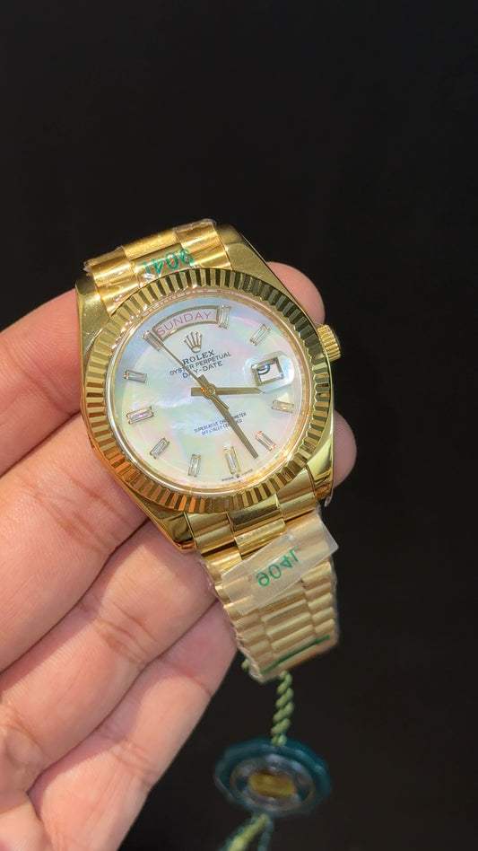 DayDate | Gold Chain | Pearl Digit | Shaddy Rainbow | White Dial