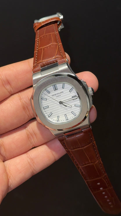 Pp Auto | Silver | White Dial | Brown Leather Strap