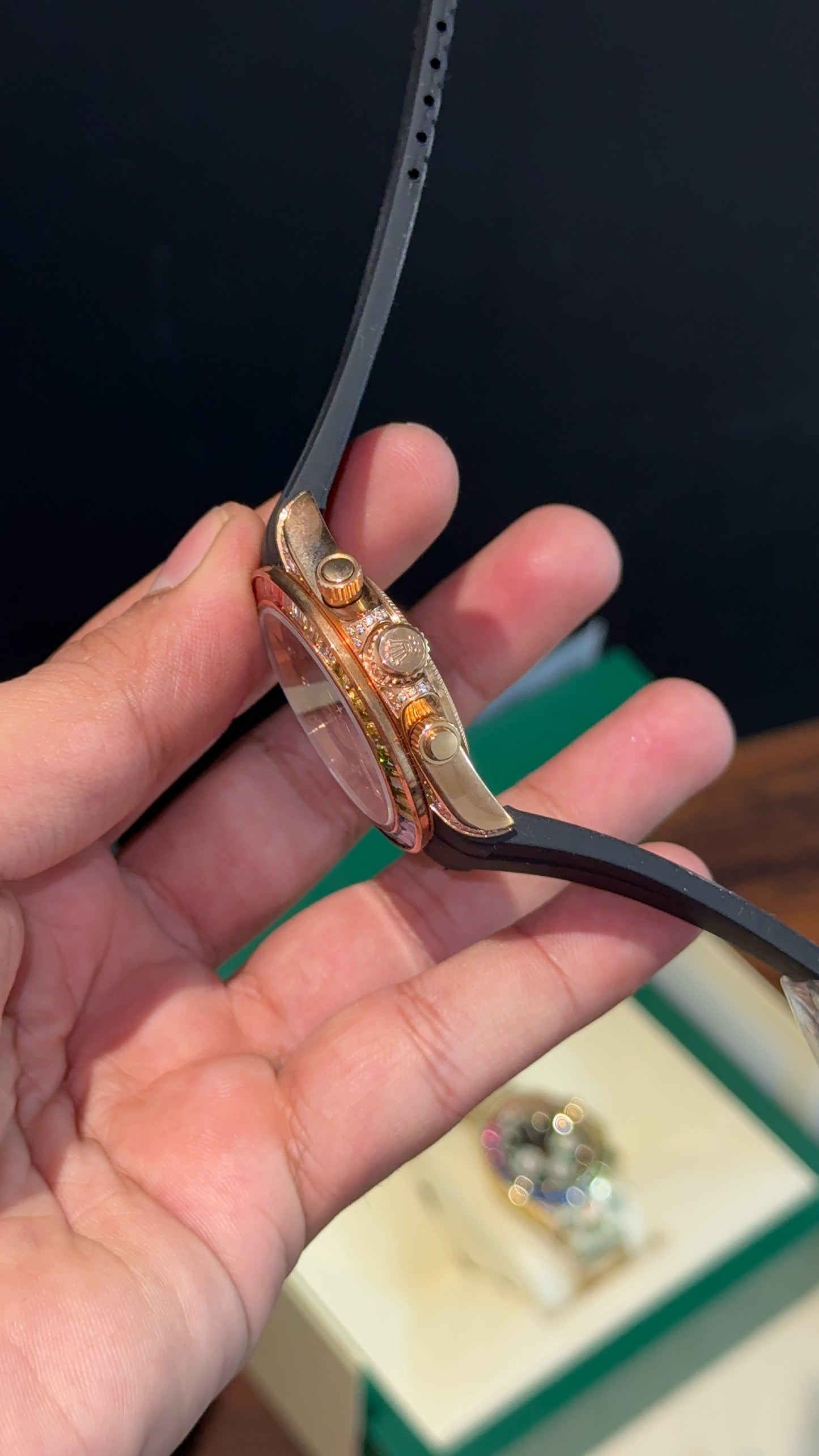 Daytona Rose | Rainbow Diamond Case | Black Pvc Strap | Diamond Digit | Chrono | Black Dial