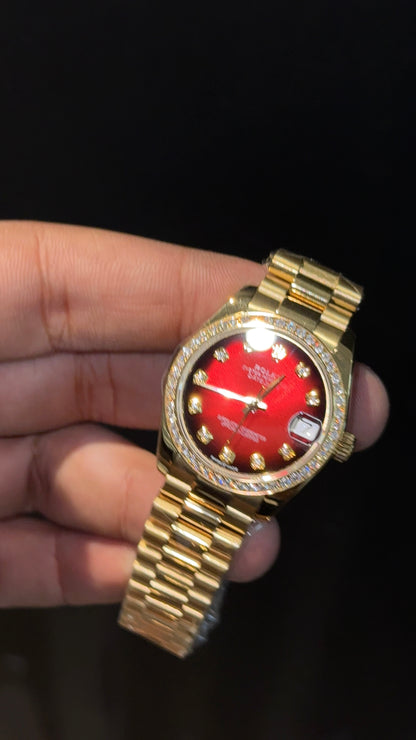 Premium DateJust | Eveline | Diamond Bezel | 30mm | Women | Gold President Chain | Gradient Red Dial