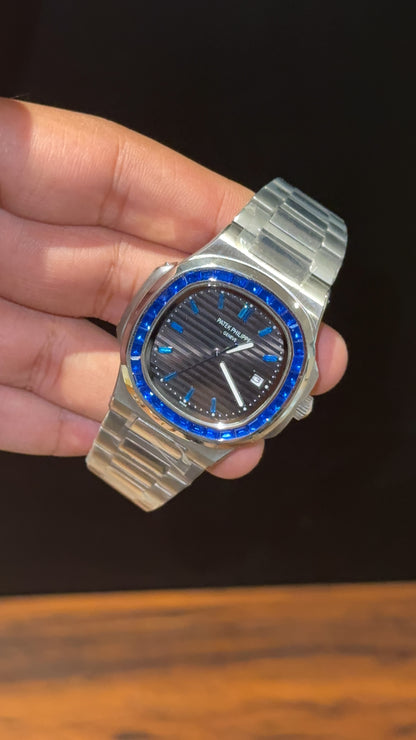 Pp Auto | Silver Chain | Blue Diamond Bezel | Blue Digits | Black Dial