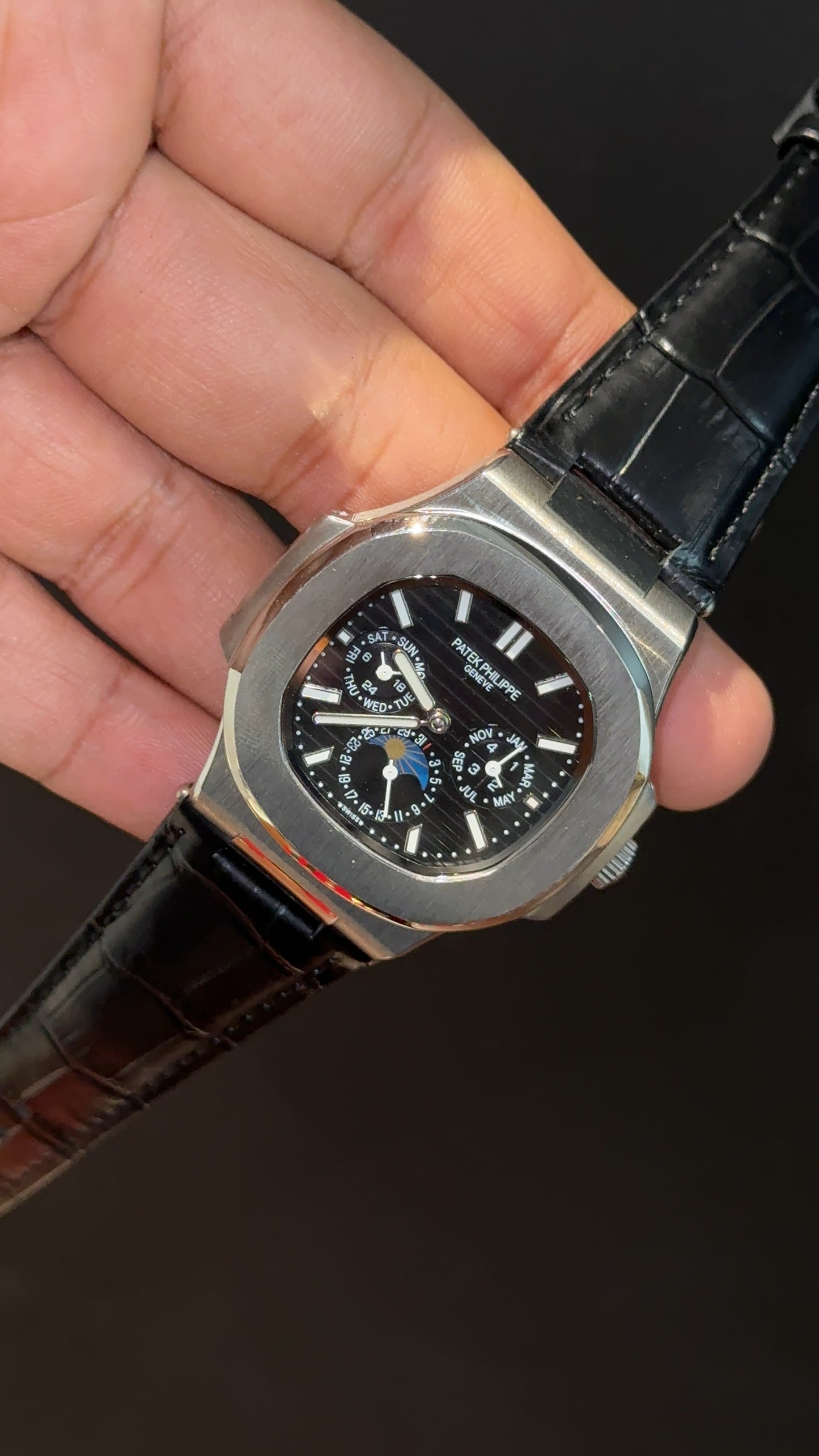 Pp Auto | Moonphase | Chrono | Silver Case | Black Leather Strap | Black Dial